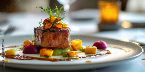 Exquisite gourmet meal beautifully presented on a plate, showcasing the art of gourmet cuisine in an isolated setting, perfect for culinary inspiration and food photography.