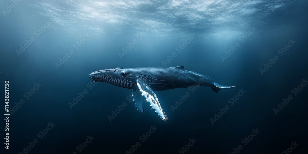 Naklejka premium Humpback whale glides gracefully near the surface, showcasing the beauty of humpback whales as they explore their aquatic habitat and interact with the surrounding marine environment.