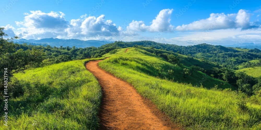 Fototapeta premium Scenic natural trail winding through lush hills, offering a perfect path for outdoor enthusiasts to explore the beauty of nature on this natural trail in the hills.