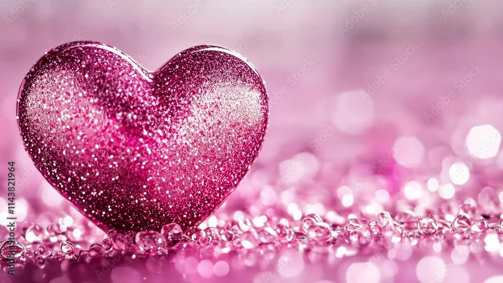 Glittering pink heart decoration among sparkling droplets on a soft pink background