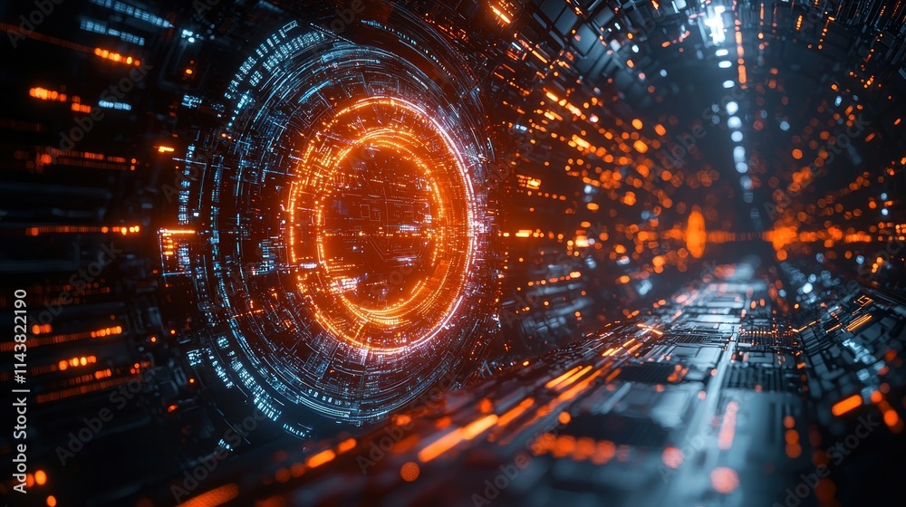 Obraz premium Futuristic digital tunnel with glowing elements.