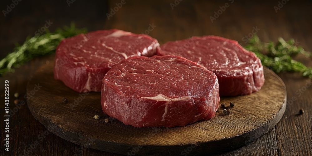 Savory beef steaks displayed on rustic wood offer a mouthwatering visual appeal. These delicious beef steaks highlight the rich textures and colors, perfect for any culinary setting featuring beef Savory beef steaks displayed on rustic wood offer a mouthwatering visual appeal. These delicious beef steaks highlight the rich textures and colors, perfect for any culinary setting featuring beef
