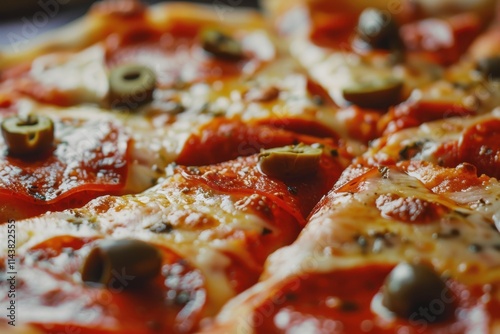 Red pizza with cheese and olives, sliced into segments, capturing a classic and appetizing dish. Bright indoor lighting.