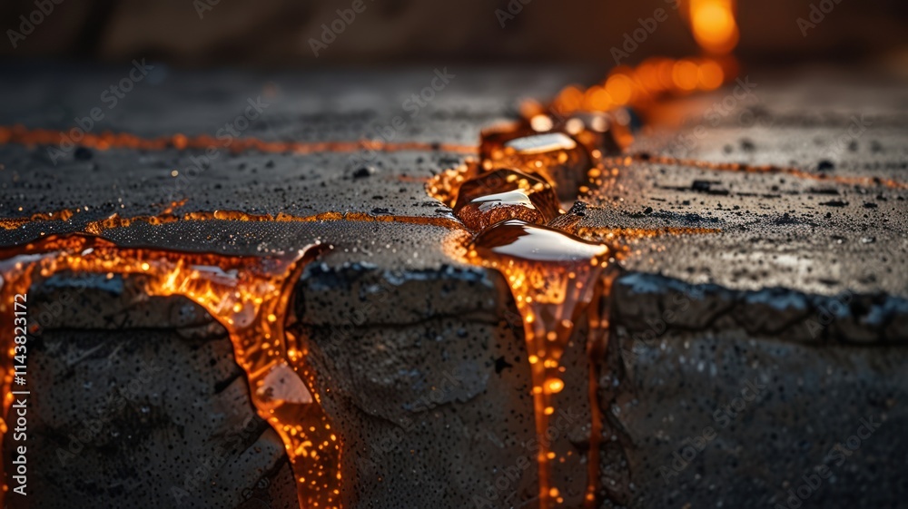 Molten Liquid Flowing Through Cracked Dark Surface Molten Liquid Flowing Through Cracked Dark Surface