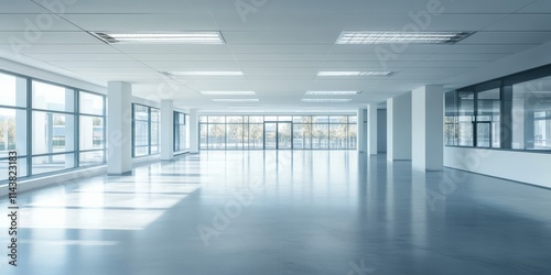 Modern empty office interior featuring a sleek design with an open white ceiling. The cool tone of the modern office creates a contemporary and spacious atmosphere for various uses.