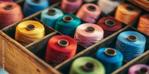 Close up of vibrant sewing threads in a drawer. This closeup showcases an array of multicolored spools of thread, illustrating essential sewing accessories found in a creative workspace.