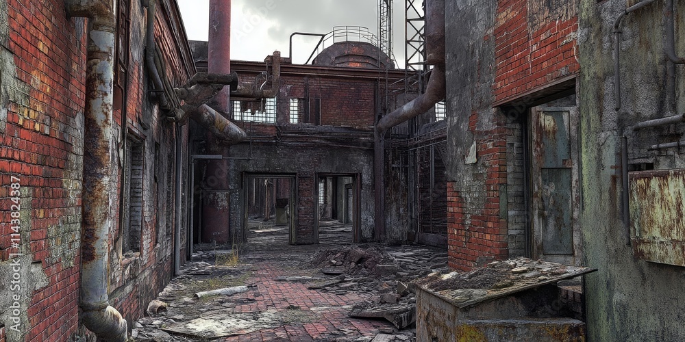 Ruins of an abandoned zinc plant, featuring decayed brick structures and remaining walls, pose a danger to individuals. This scene illustrates concerns related to ecology and hazardous substances. Ruins of an abandoned zinc plant, featuring decayed brick structures and remaining walls, pose a danger to individuals. This scene illustrates concerns related to ecology and hazardous substances.