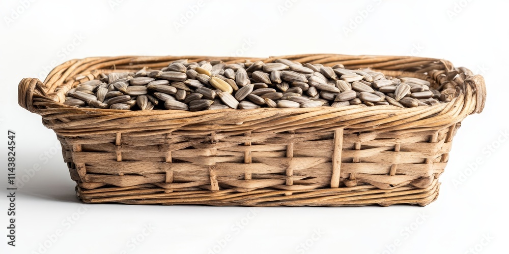 Obraz premium Wooden basket filled with sunflower seeds, set against a clean white background, showcasing the natural beauty and delightful texture of sunflower seeds. Perfect for culinary or decorative use.