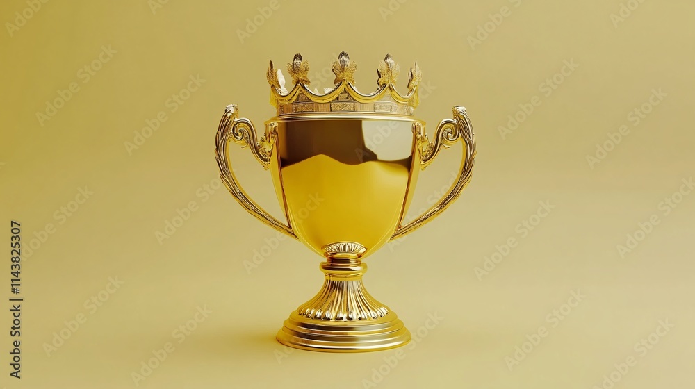 A gleaming gold trophy with ornate handles against a soft yellow background symbolizes victory and achievement. A gleaming gold trophy with ornate handles against a soft yellow background symbolizes victory and achievement.