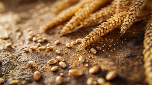Close-up of golden wheat spikes and grains scattered on a rustic surface, highlighting agricultural beauty.