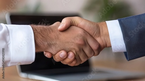 Close up view of two businessmen in suits shaking hands to seal a successful partnership or agreement in a professional office setting signifying and a promising business opportunity photo