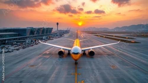 Commercial airliner on the runway with a dramatic sunset sky backdrop at a busy international airport terminal photo