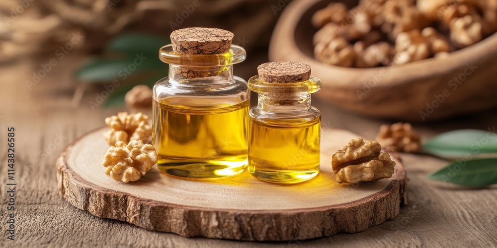 Cosmetic and therapeutic walnut oil displayed on a wooden background, highlighting the benefits and versatility of walnut oil for beauty and wellness purposes in this natural setting. Cosmetic and therapeutic walnut oil displayed on a wooden background, highlighting the benefits and versatility of walnut oil for beauty and wellness purposes in this natural setting.