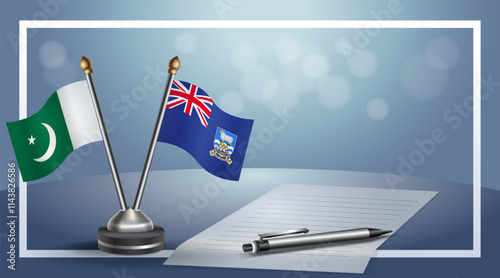 Pakistan and Falkland Islands National flags on small table with bokeh background, cooperative relationship