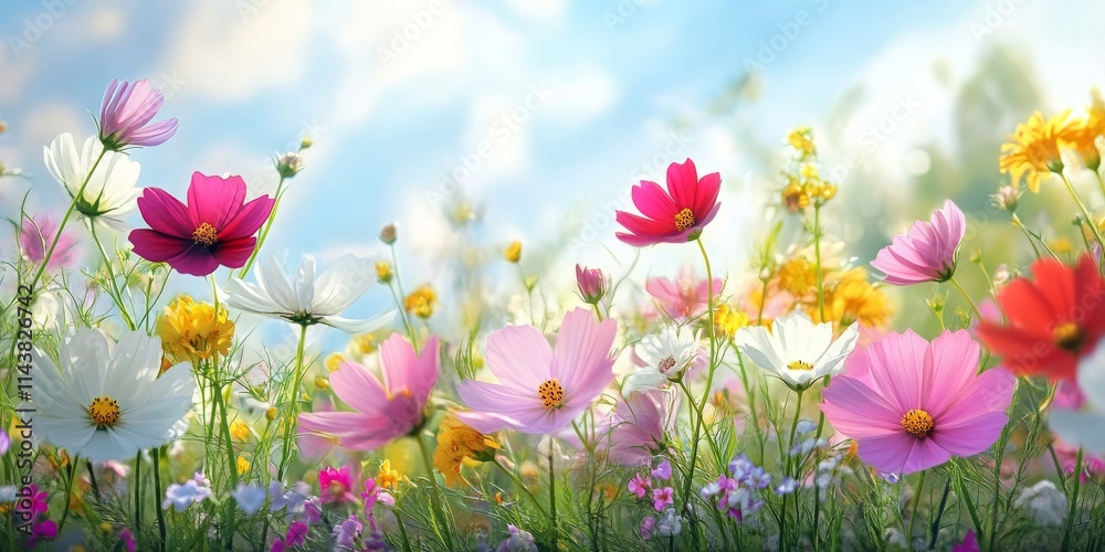 Stunning white, red, pink, misty, purple, and yellow flowers are blooming beautifully. These vibrant flowers create a picturesque scene amid lush greenery, an open sky, and radiant sunshine. Stunning white, red, pink, misty, purple, and yellow flowers are blooming beautifully. These vibrant flowers create a picturesque scene amid lush greenery, an open sky, and radiant sunshine.
