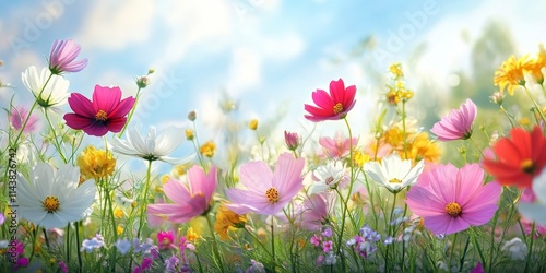 Stunning white, red, pink, misty, purple, and yellow flowers are blooming beautifully. These vibrant flowers create a picturesque scene amid lush greenery, an open sky, and radiant sunshine.