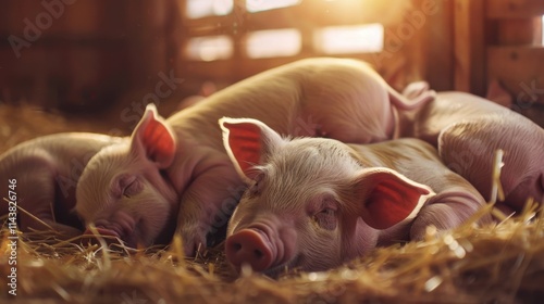 Sleeping piglets in a pen, illustrating animal husbandry and care on the farm, warm soft light.
