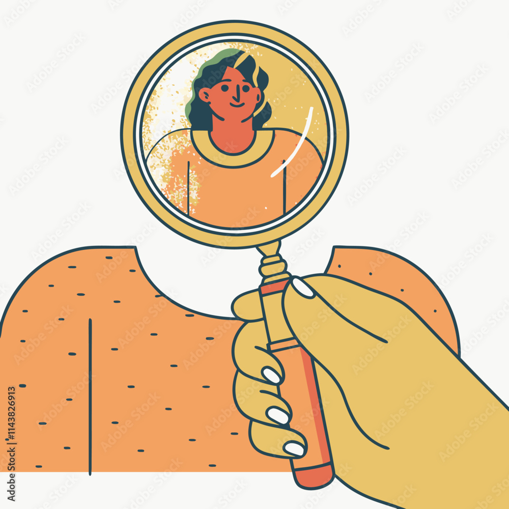 hand holding magnifier over woman head illustration, funny people
