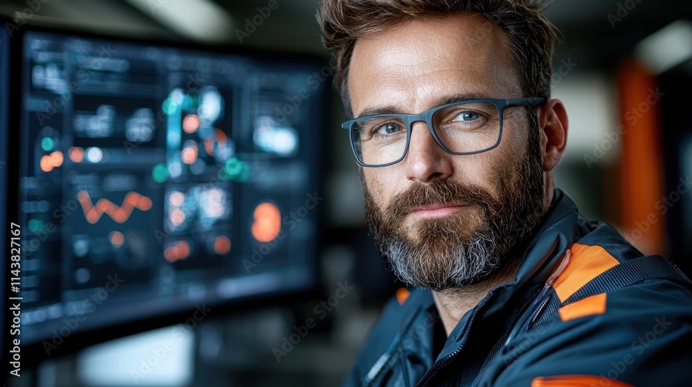 Serious Bearded Man with Glasses Intently Focused on Analyzing Data and Information on Multiple Computer Screens in a High Tech Office Workspace Serious Bearded Man with Glasses Intently Focused on Analyzing Data and Information on Multiple Computer Screens in a High Tech Office Workspace