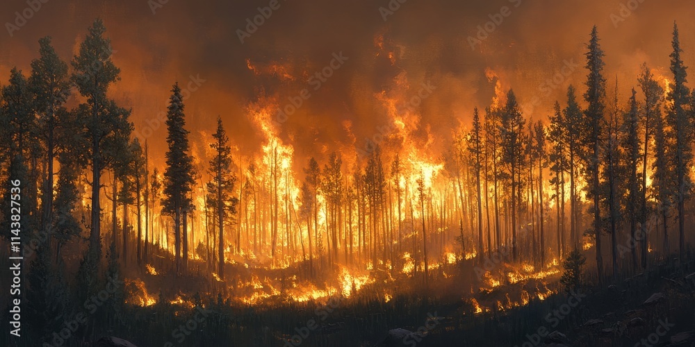 Obraz premium A wildfire rages in a forest filled with fir and aspen trees, showcasing the intense impact of a wildfire on natural landscapes dominated by fir and aspen vegetation.