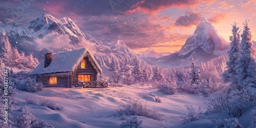 Cozy winter cabin nestled in a snowy mountain landscape, offering a serene retreat amidst the winter wonderland of snow covered peaks and tranquil surroundings in the mountains. photo