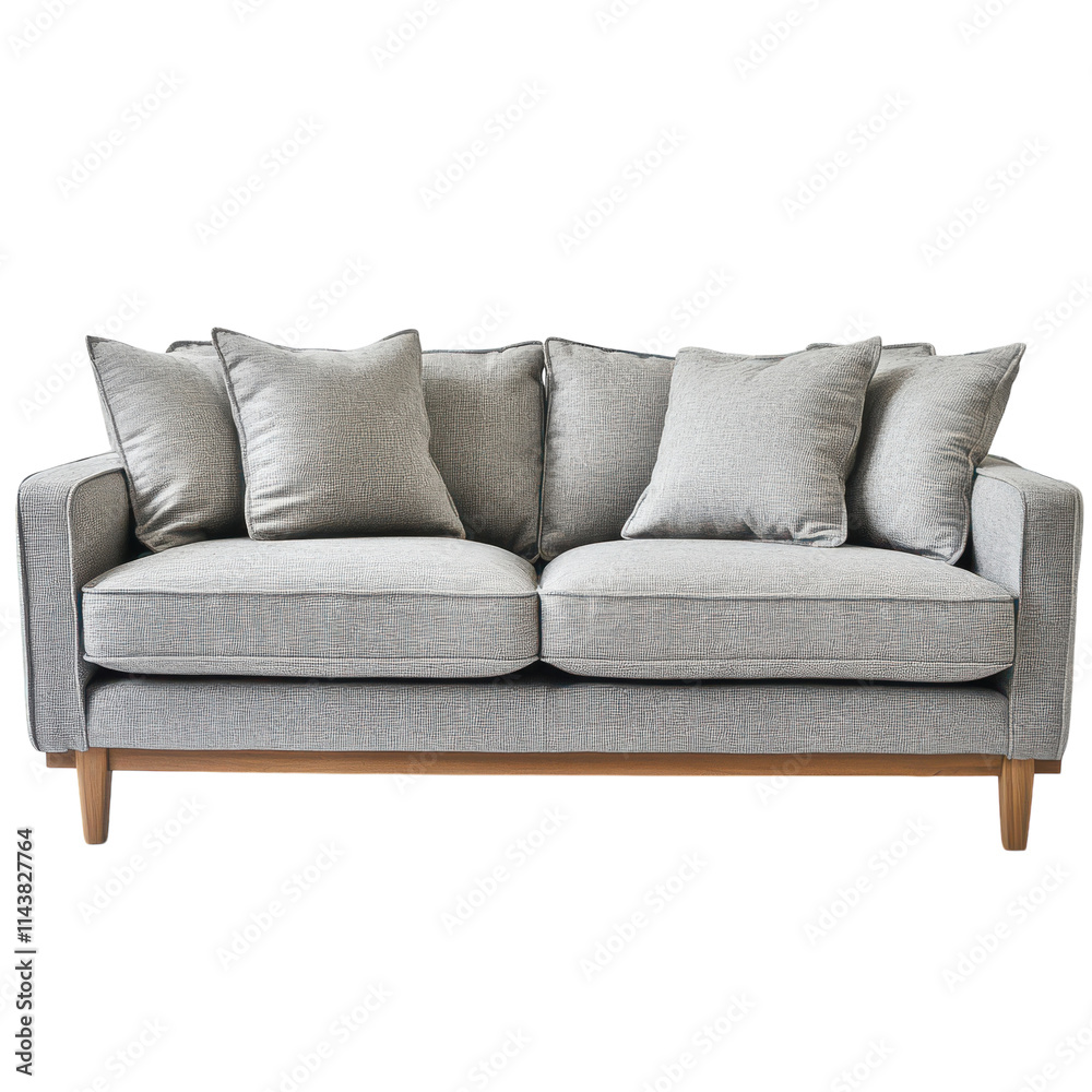 Stylish Contemporary Grey Three-Seater Sofa with Cushions for Modern Living Spaces and Home Interiors and transparent background Stylish Contemporary Grey Three-Seater Sofa with Cushions for Modern Living Spaces and Home Interiors and transparent background