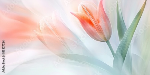 Abstract background featuring blurred leaves and stem of a tulip, creating an artistic representation of nature. The tulip s soft forms and colors enhance the overall blurred abstract background photo