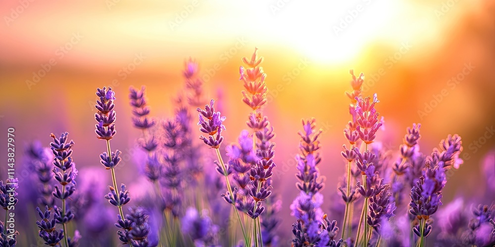 Naklejka premium Lavender flowers bloom in a vibrant field during a sunny summer day, creating a serene atmosphere with a soft focus blur in the natural background, highlighting the beauty of lavender flowers.