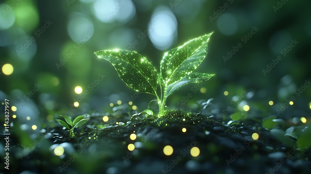 Glowing Seedling in Ethereal Forest with Sparkling Lights and Lush Green Background Glowing Seedling in Ethereal Forest with Sparkling Lights and Lush Green Background