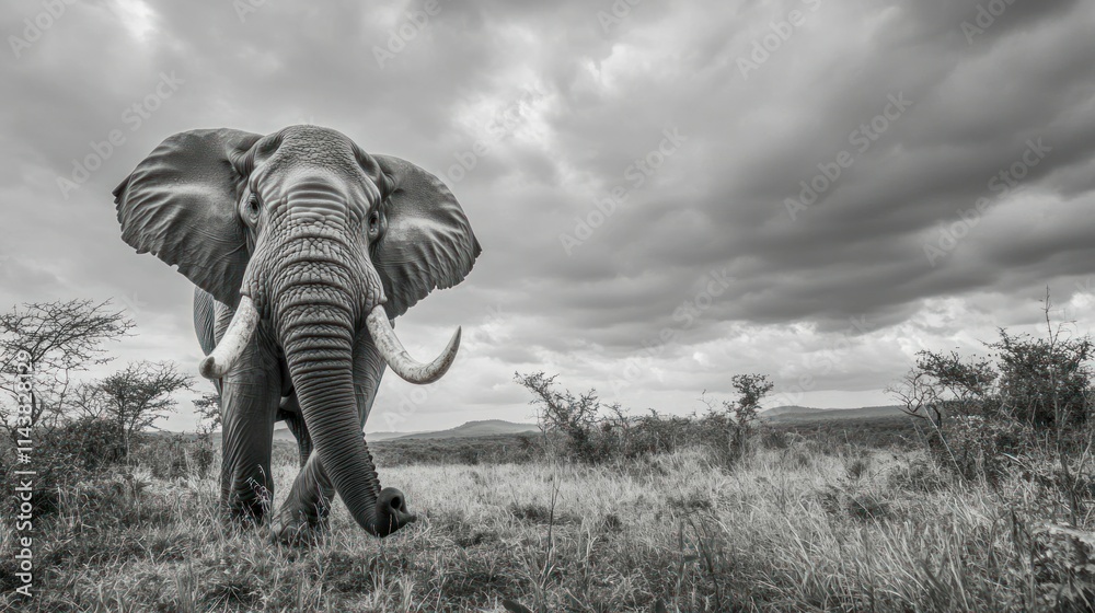 Fototapeta premium A majestic African bull elephant, with large tusks and flapping ears, strides through the grasslands of Hluhluwe Imfolozi. The endless plains stretch before it,