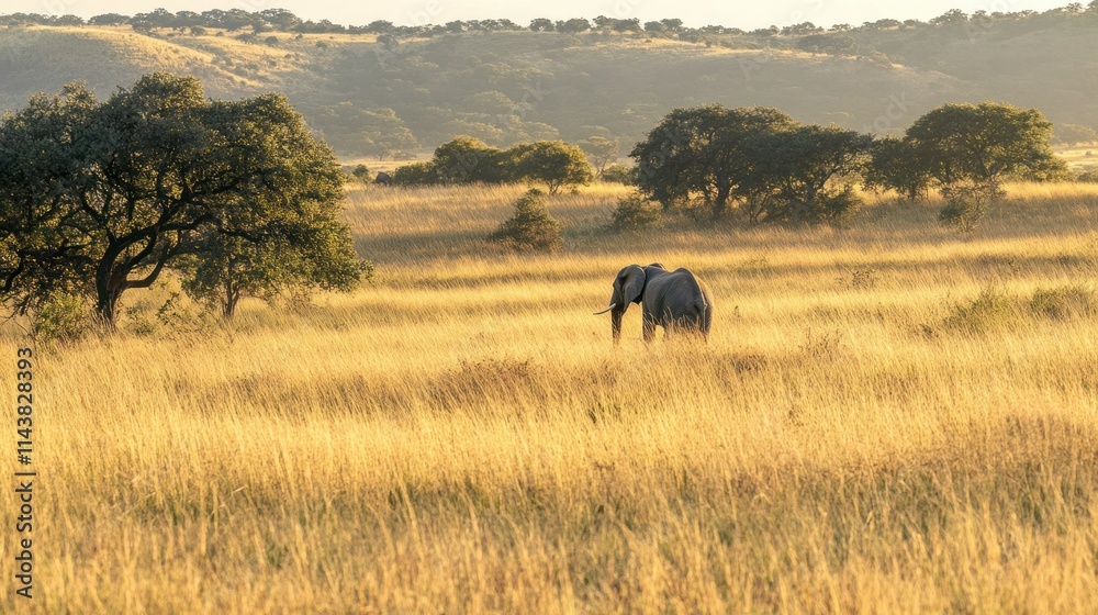 A stunning scene of a large bull African elephant flapping its ears as it crosses the grasslands of Hluhluwe Imfolozi. The warm, golden light of late afternoon bathes the savanna A stunning scene of a large bull African elephant flapping its ears as it crosses the grasslands of Hluhluwe Imfolozi. The warm, golden light of late afternoon bathes the savanna