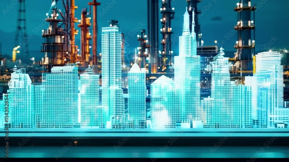 Digital cityscape is growing from a tablet in an industrial area at night. This illustrates the concept of innovation in urban planning and smart cities