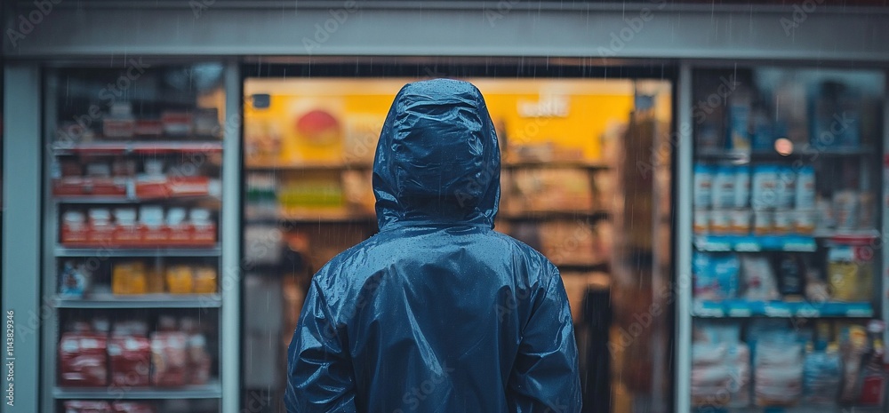 A person in a raincoat stands before a brightly lit store in the rain. A person in a raincoat stands before a brightly lit store in the rain.