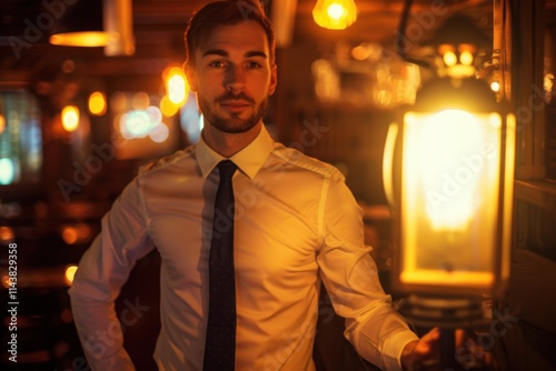Stylish man in dress shirt and tie posing with a lantern, fashionable and intriguing atmosphere, soft ambient lighting.