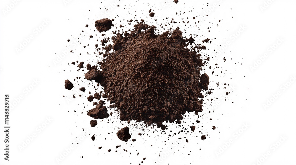 A mound of rich brown coffee grounds isolated on a white background, showcasing fine texture and scattered particles. A mound of rich brown coffee grounds isolated on a white background, showcasing fine texture and scattered particles.