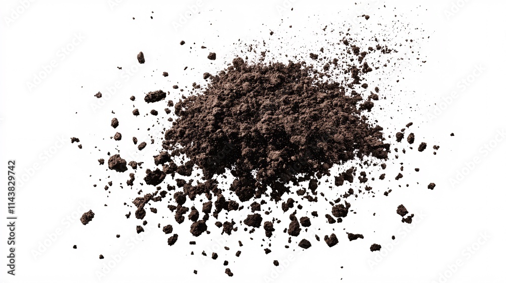A dynamic cloud of dark brown soil particles suspended in mid-air, showcasing the richness of earth. A dynamic cloud of dark brown soil particles suspended in mid-air, showcasing the richness of earth.
