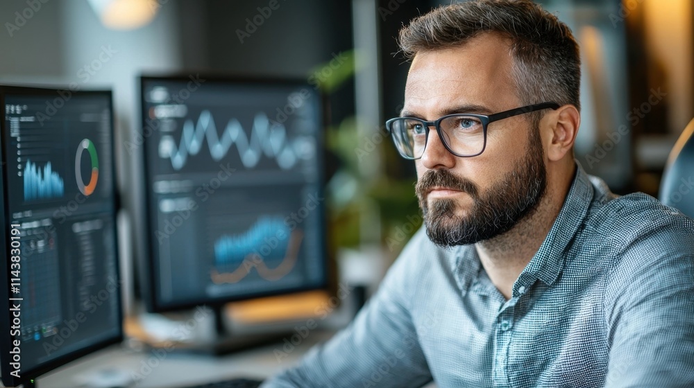 Focused businessman wearing glasses carefully analyzing financial data and market graphs displayed on laptop computer at desk in modern corporate office workspace Focused businessman wearing glasses carefully analyzing financial data and market graphs displayed on laptop computer at desk in modern corporate office workspace