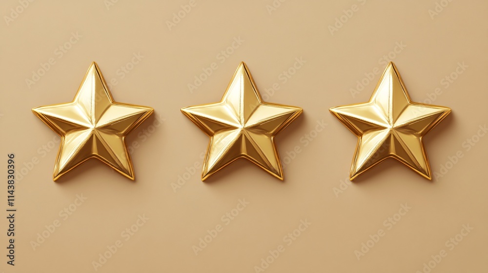 Three shiny gold stars on a soft beige background, exuding a sense of achievement and excellence. Three shiny gold stars on a soft beige background, exuding a sense of achievement and excellence.