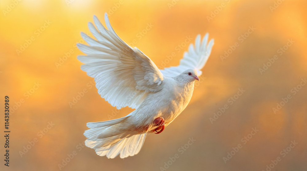 Obraz premium Beautiful White Dove Flying Against Golden Sunset Sky, Wings Spread in Graceful Flight, Symbolizing Peace and Freedom in Warm Natural Light