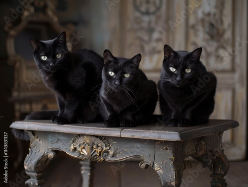 Three black cats sitting on a fancy wooden table, creating a mysterious and elegant scene. Soft, dramatic lighting.