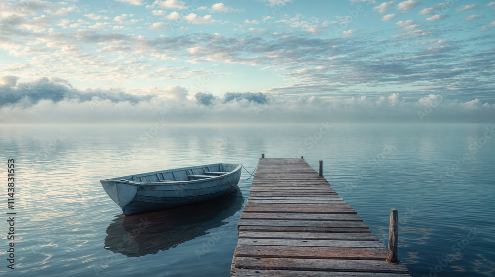 Serene Wooden Pier with Moored Rowboat on Misty Lake at Dawn, Peaceful Water Reflection under Cloudy Sky in Soft Morning Light Serene Wooden Pier with Moored Rowboat on Misty Lake at Dawn, Peaceful Water Reflection under Cloudy Sky in Soft Morning Light
