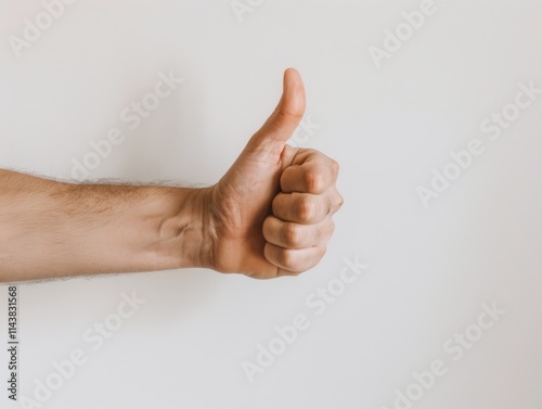 Thumbs up hand gesture on a plain white background, simple and clear focus, bright and even lighting.