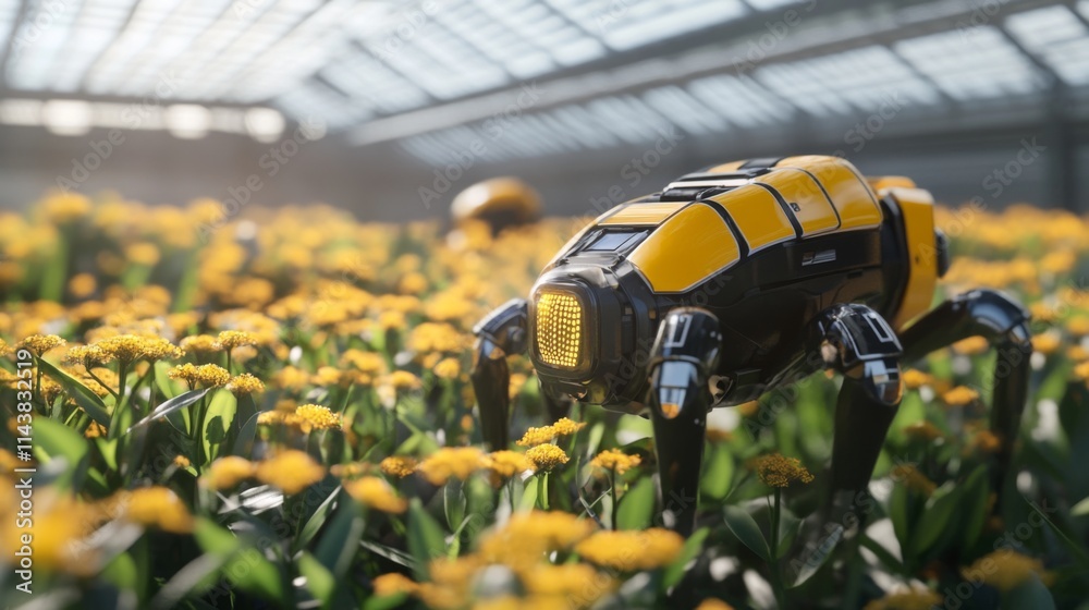 Robotic bee pollinating yellow flowers in a futuristic greenhouse. Robotic bee pollinating yellow flowers in a futuristic greenhouse.
