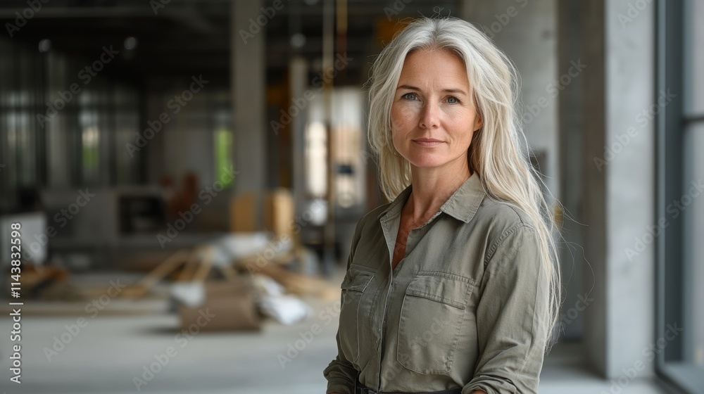Fototapeta premium Confident woman with gray hair in casual attire standing in modern industrial-inspired workspace with natural lighting