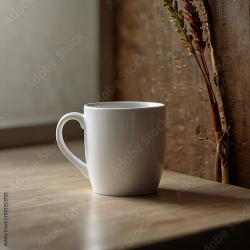 White ceramic mug wooden table rustic background