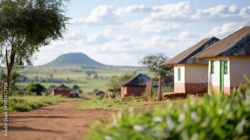 Wallpaper Mural A serene view of a rural Kenyan village featuring small homes with tin roofs, surrounded by lush greenery and a distant hill under a bright blue sky, with copy space. Torontodigital.ca