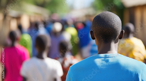 A back view of African villagers walking through a rural community, dressed in colorful clothing, with copy space. photo