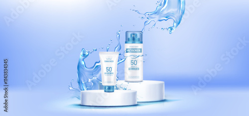 Sunscreen products SPF50 display with water splash effect. Summer skincare cosmetic tubes on white circular platforms surrounded by dynamic liquid motion and droplets on soft blue gradient backdrop.