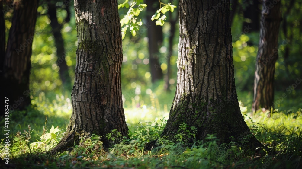 Two trees in the forest, highlighting the beauty of nature and natural growth. Natural lighting with a woodland background. Two trees in the forest, highlighting the beauty of nature and natural growth. Natural lighting with a woodland background.