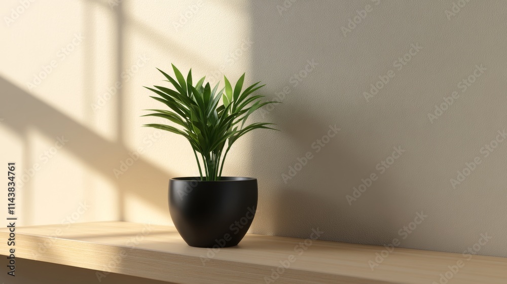 Small potted plant in sunlight on wooden shelf. Small potted plant in sunlight on wooden shelf.